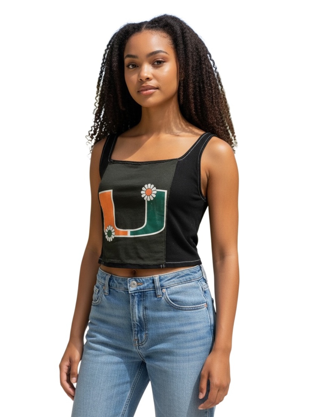 Hippie Princess University of Miami Black Denim Crop Tank Top Size XS Zip Back